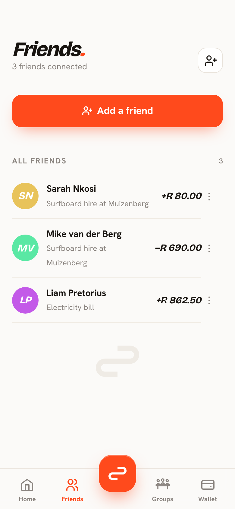 Setld friends screen showing individual balances
