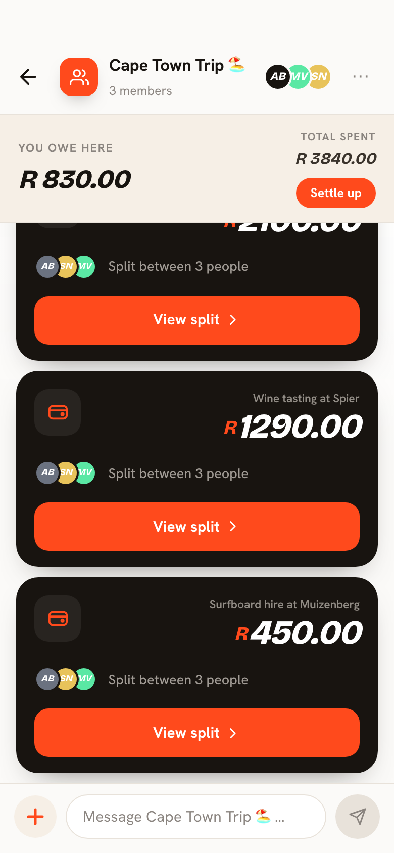 Setld groups screen for a Cape Town trip