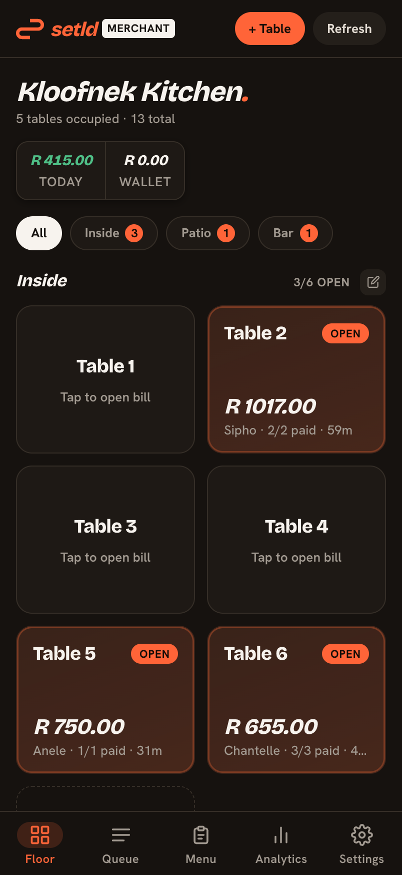 Setld merchant floor screen in dark mode