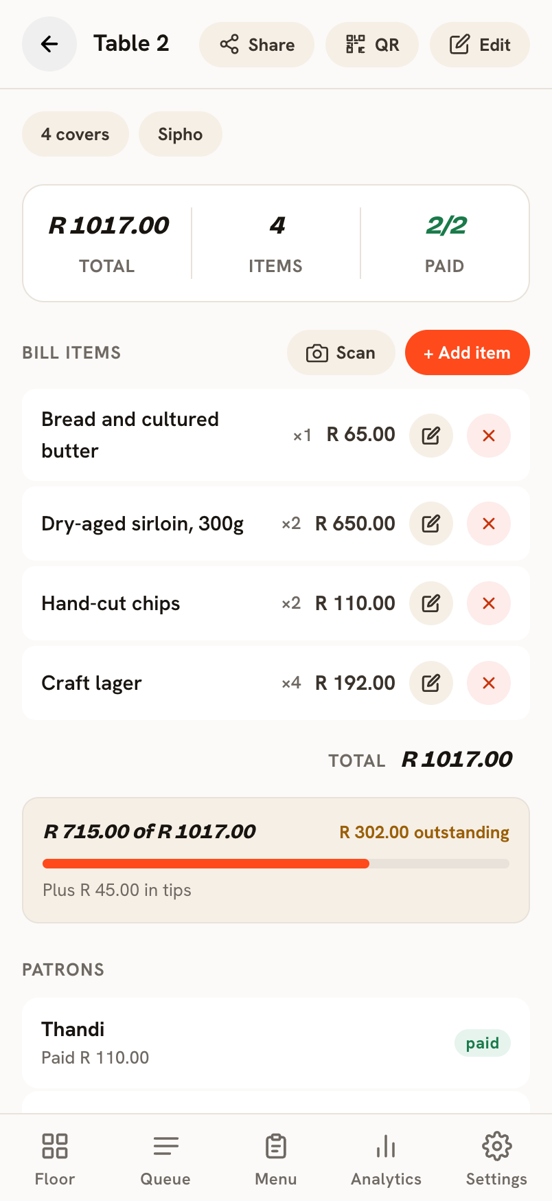 A live Setld bill showing paid and outstanding shares