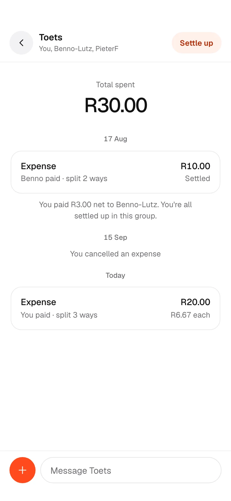 A Setld group with expenses split between members