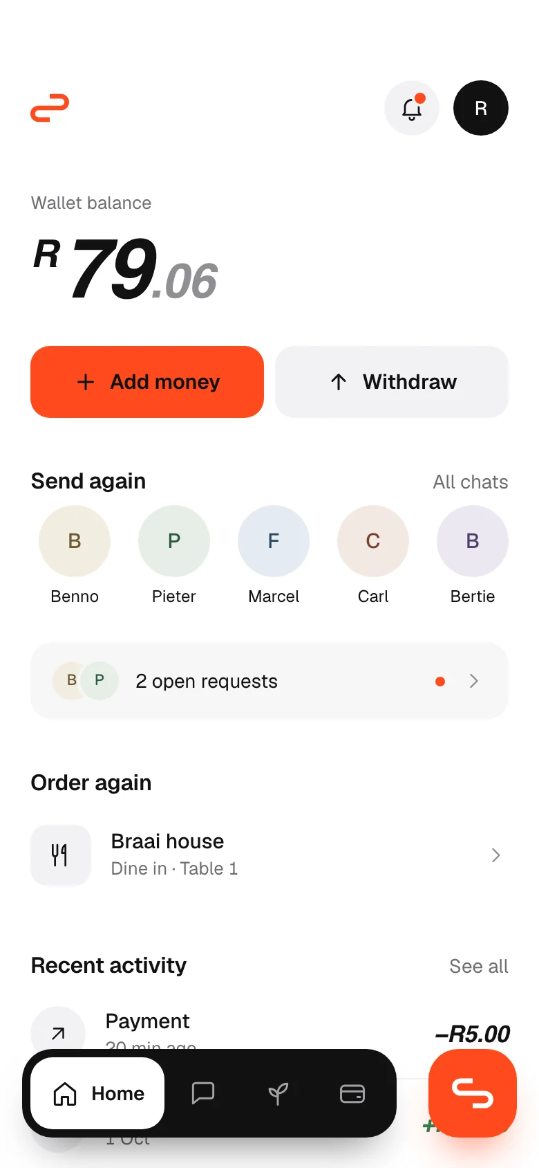Setld home screen showing a wallet balance of R79.06