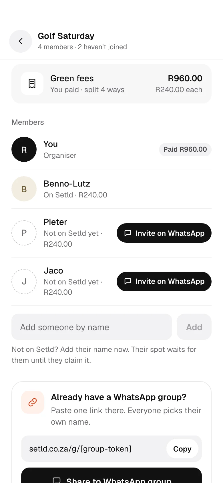 A Setld group where members not on Setld yet can be invited on WhatsApp