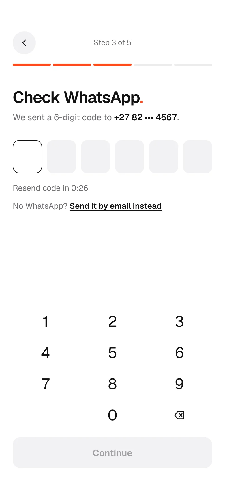 Setld sign-up step asking for the 6-digit code sent on WhatsApp